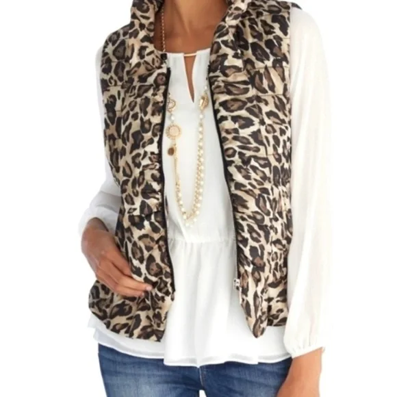 White House Black Market SIZE S TAN BROWN/BLACK ANIMAL PRINT PUFFER LADIES VEST - Picture 2 of 5
